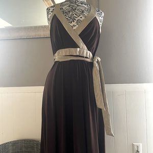 BCBG deep chocolate and gold faux wrap dress